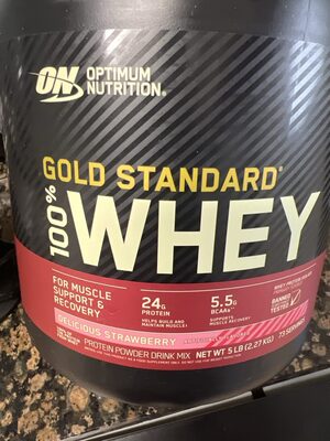ON Optimum Nutrition Gold Standard 100% Whey Delicious Strawberry source label used in the packaging illustration