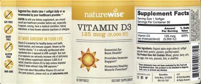 NatureWise Vitamin D3 125 mcg (5000 IU) source label used in the packaging illustration