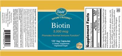 Baar Nature's Blessing Biotin 5000 mcg source label used in the packaging illustration