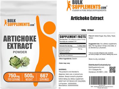 BulkSupplements.com Artichoke Extract Powder 750 mg source label used in the packaging illustration
