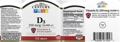 21st Century D3 250 mcg (10000 IU) source label used in the packaging illustration