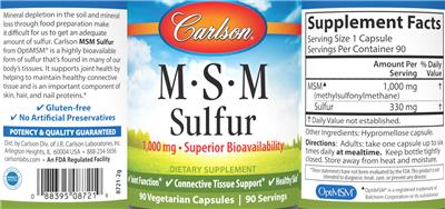 Carlson M-S-M Sulfur 1000 mg source label used in the packaging illustration