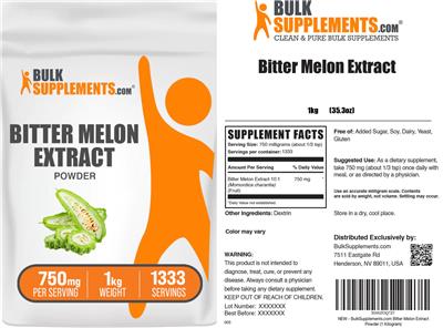 BulkSupplements.com Bitter Melon Extract Powder 750 mg source label used in the packaging illustration