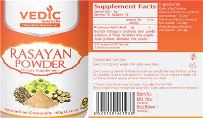Vedic Powders Rasayan Powder source label used in the packaging illustration