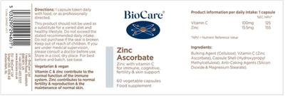 BioCare Zinc Ascorbate source label used in the packaging illustration