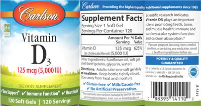 Carlson Vitamin D3 125 mcg (5000 IU) source label used in the packaging illustration