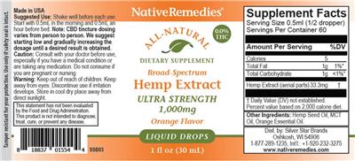 Native Remedies Broad-Spectrum Hemp Extract Ultra Strength 1000 mg Orange Flavor product packaging