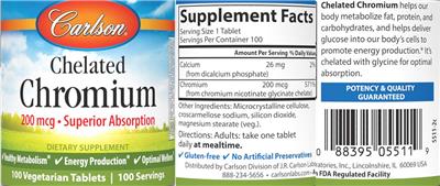 Carlson Chelated Chromium 200 mcg source label used in the packaging illustration