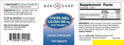 Geri-Care Oyster Shell Calcium 500 mg plus Vitamin D source label used in the packaging illustration