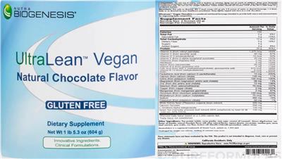 Nutra BioGenesis UltraLean Vegan Chocolate Flavor source label used in the packaging illustration