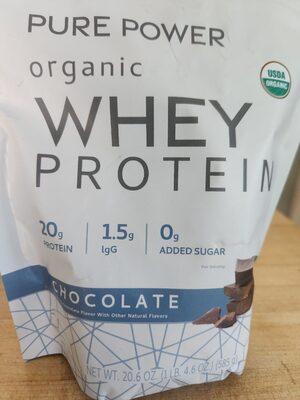 Pure Power Organic Whey Protein Chocolate source label used in the packaging illustration