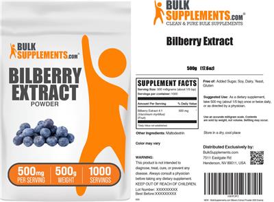 BulkSupplements.com Bilberry Extract Powder 500 mg source label used in the packaging illustration