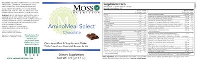Moss Nutrition AminoMeal Select Chocolate source label used in the packaging illustration