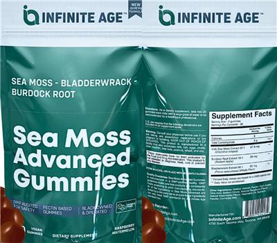 Infinite Age Sea Moss Advanced Gummies Raspberry Watermelon source label used in the packaging illustration