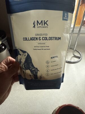 MK Supplements Grass-Fed Collagen & Colostrum Unflavored source label used in the packaging illustration
