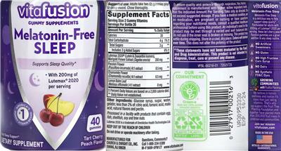 vitafusion Melatonin-Free Sleep Tart Cherry Peach Flavor source label used in the packaging illustration