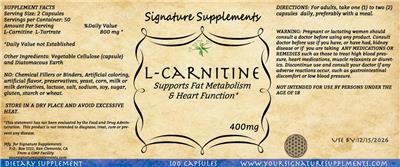 Signature Supplements L-Carnitine 400 mg source label used in the packaging illustration