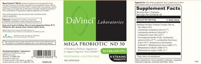 DaVinci Laboratories Mega Probiotic ND 50 source label used in the packaging illustration