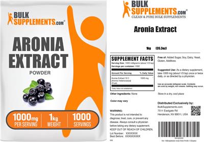 BulkSupplements.com Aronia Extract Powder 1000 mg source label used in the packaging illustration