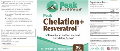 Peak Pure & Natural Peak Chelation+Resveratrol source label used in the packaging illustration