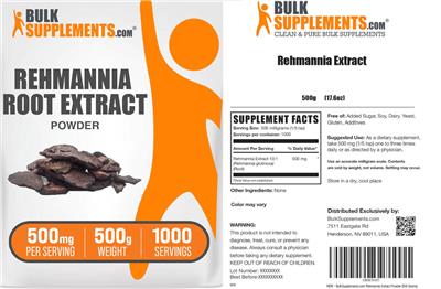BulkSupplements.com Rehmannia Root Extract Powder 500 mg product packaging