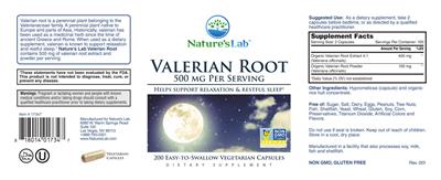 Nature's Lab Valerian Root 500 mg source label used in the packaging illustration