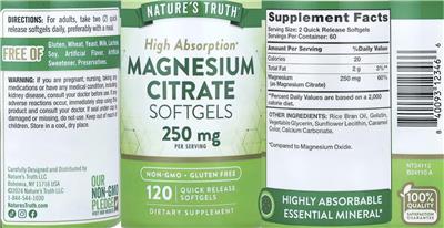 Nature's Truth Magnesium Citrate Softgels 250 mg source label used in the packaging illustration