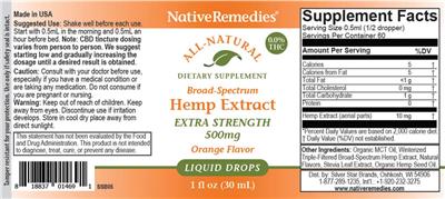 Native Remedies Broad-Spectrum Hemp Extract Extra Strength 500 mg Orange Flavor source label used in the packaging illustration