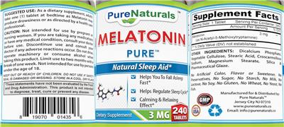 Pure Naturals Melatonin Pure 3 mg source label used in the packaging illustration