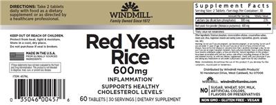 Windmill Red Yeast Rice 600 mg source label used in the packaging illustration