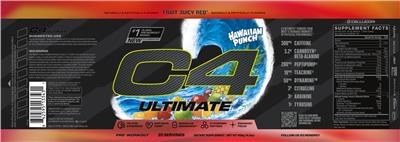 Cellucor C4 Ultimate Hawaiian Punch Fruit Juicy Red source label used in the packaging illustration