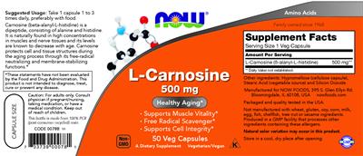 NOW L-Carnosine 500 mg source label used in the packaging illustration