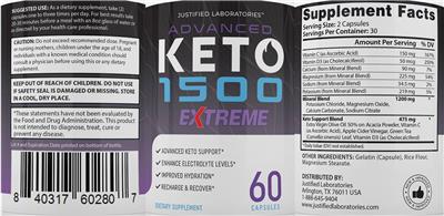 Justified Laboratories Advanced Keto 1500 Extreme source label used in the packaging illustration