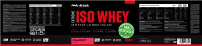 Body Attack Sports Nutrition Extreme Iso Whey Strawberry Flavour source label used in the packaging illustration