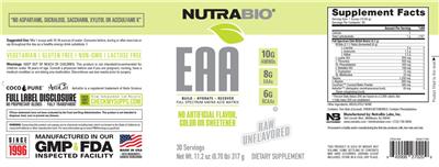 NutraBio EAA Raw Unflavored source label used in the packaging illustration