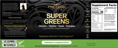 FREZZOR Super Greens Kiwifruit & Green Apple source label used in the packaging illustration