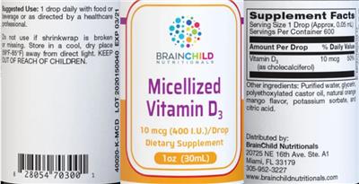 Brainchild Nutritionals Micellized Vitamin D3 10 mcg (400 I.U.) source label used in the packaging illustration