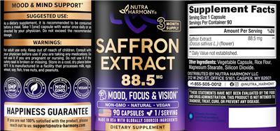 Nutra Harmony Saffron Extract 88.5 mg source label used in the packaging illustration