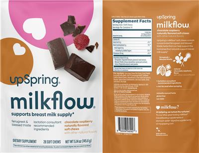 UpSpring MilkFlow Soft Chews Chocolate Raspberry source label used in the packaging illustration