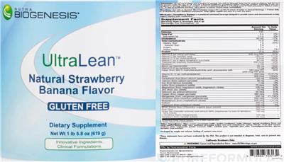 Nutra BioGenesis UltraLean Strawberry Banana Flavor source label used in the packaging illustration