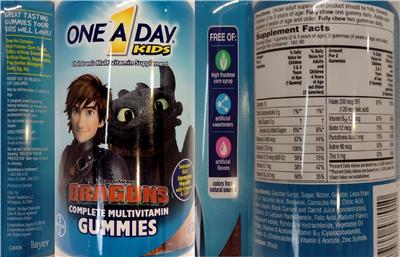 Bayer One A Day Kids DreamWorks Dragons Complete Multivitamin Gummies source label used in the packaging illustration