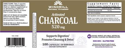 Windmill Natural Vitamins Activated Charcoal 520 mg source label used in the packaging illustration