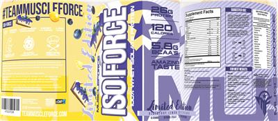 MuscleForce Iso Force Limited Edition Blueberry Lemon Cheesecake source label used in the packaging illustration