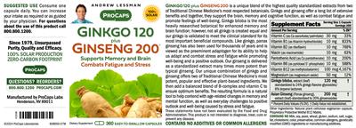 ProCaps Ginkgo 120 plus Ginseng 200 source label used in the packaging illustration