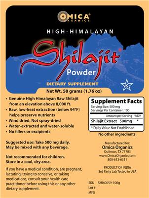 Omica Organics High-Himalayan Shilajit Powder source label used in the packaging illustration