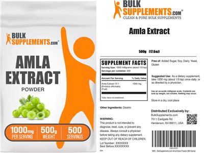 BulkSupplements.com Amla Extract Powder 1000 mg source label used in the packaging illustration