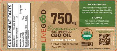 LiveGood Organic Full Spectrum CBD Oil 750 mg Natural Flavor source label used in the packaging illustration