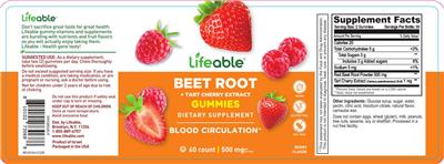 Lifeable Beet Root + Tart Cherry Extract Gummies 500 mg Berry Flavor source label used in the packaging illustration