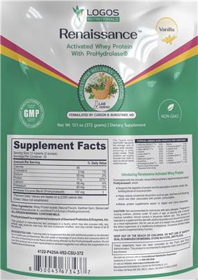 Logos Nutritionals Renaissance Vanilla source label used in the packaging illustration