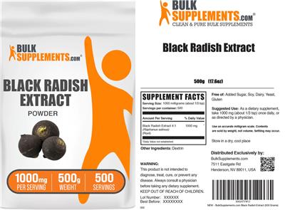 BulkSupplements.com Black Radish Extract Powder 1000 mg source label used in the packaging illustration